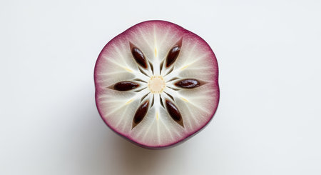 Purple star apple cross-section displaying seeds and radial pattern on white backgroundの素材