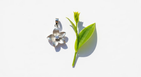 Silver flower pendant with green leaf on white backgroundの素材
