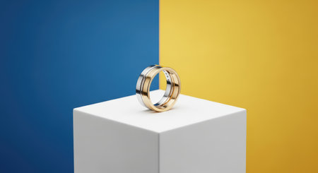 Elegant gold and silver ring on geometric pedestal with blue and yellow backgroundの素材