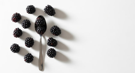 Blackberries and spoon on minimalist white backgroundの素材