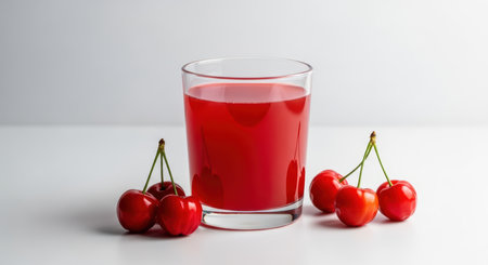 Glass of fresh cherry juice with whole cherries on white backgroundの素材