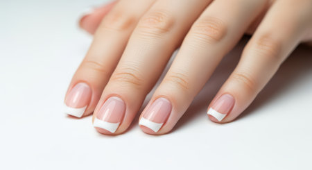 Close-up of manicured female hands with french tips on caucasian skinの素材