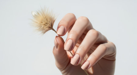 Close-up of female hand with natural nails holding dried wheatの素材