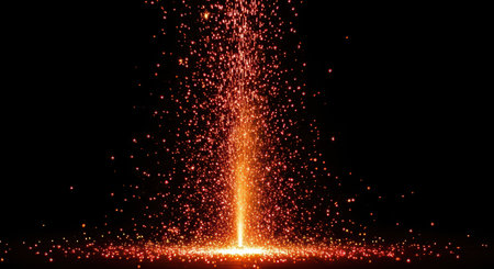 Bright orange firework spark fountain against black night skyの素材