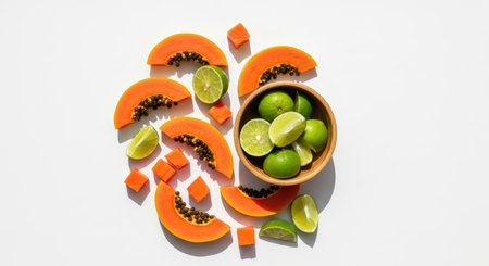 Fresh papaya and lime arrangement on white backgroundの素材