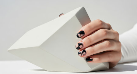 Female hand with geometric black nail art holding white angular objectの素材