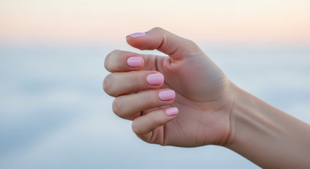 Female hand with pink manicure against soft sky backgroundの素材