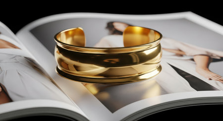 Gold cuff bracelet on fashion magazine with female model imageの素材