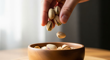 Hand dropping pistachios into wooden bowl on tableの素材
