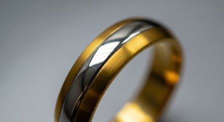 Elegant gold and silver ring with reflective pattern design and smooth finishの素材