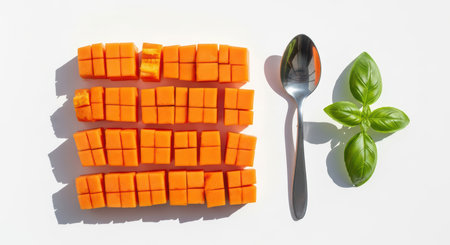 Cubed carrots with spoon and fresh basil leaves on white backgroundの素材