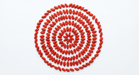 Symmetrical arrangement of red goji berries on white backgroundの素材