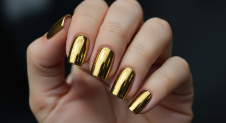 Caucasian female hand with glossy gold metallic nails against black backgroundの素材