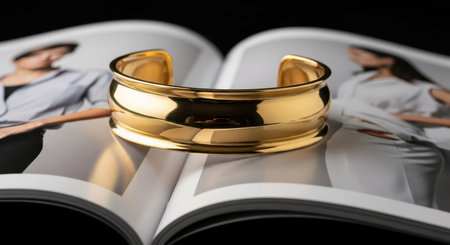 Elegant gold bangle on fashion magazine featuring stylish female modelsの素材