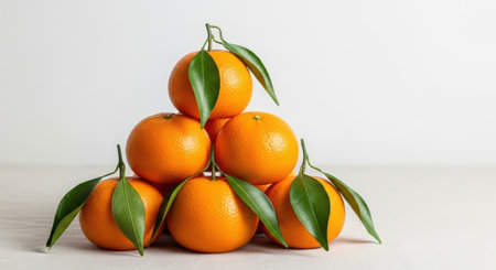 Fresh ripe oranges arranged in a pyramid with green leavesの素材