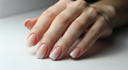 Elegant female hand with french manicure on white backgroundの素材