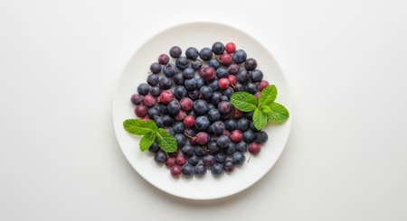 Fresh blueberries and mint leaves on white plateの素材