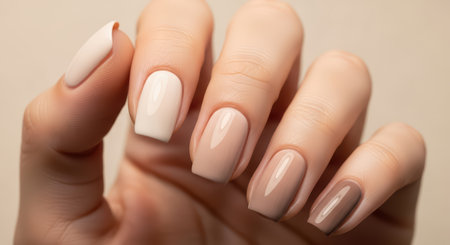 Elegant manicured hand with neutral-toned glossy nail polishの素材