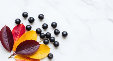 Autumn leaves and black berries on white marble backgroundの素材