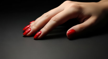Elegant female hand with red nail polish on dark surfaceの素材