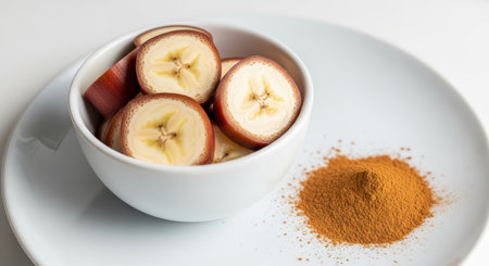 Sliced red bananas in bowl with cinnamon on white plateの素材