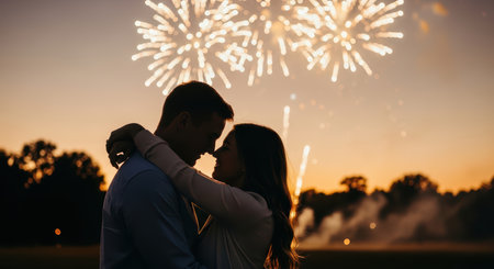 Romantic evening embrace under fireworks display at sunsetの素材