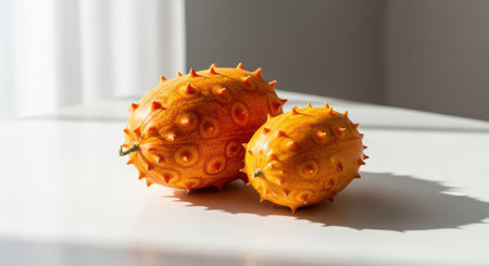 Vibrant spiked kiwano melons on sunlit white surfaceの素材