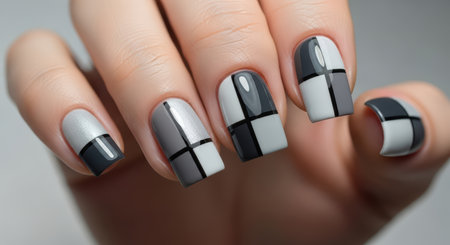 Stylish monochrome nail art design with geometric patterns and glossy finishの素材