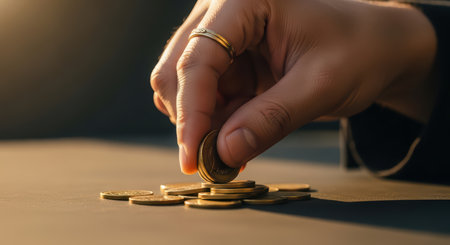 Female hand stacking coins on table, sunlit backgroundの素材