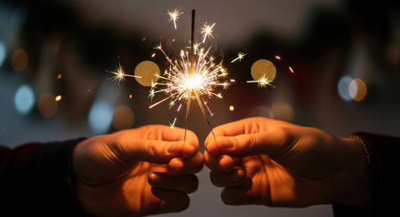 Two hands holding sparkler celebrating new year with festive lightsの素材