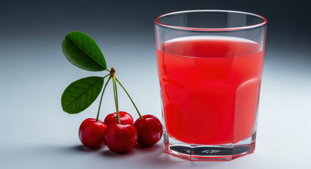 Fresh cherry juice in glass with whole cherries and green leavesの素材