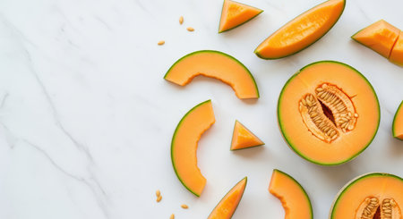 Sliced cantaloupe pieces on white marble surface with seedsの素材