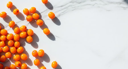 Sea buckthorn berries on marble surface with shadows in direct sunlightの素材