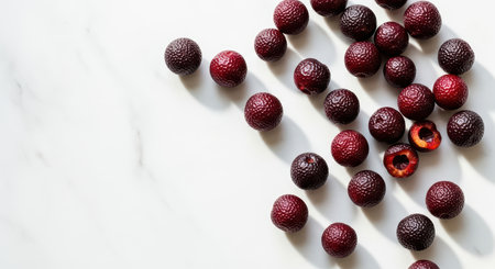 Fresh red lychee fruits scattered on white marble surfaceの素材