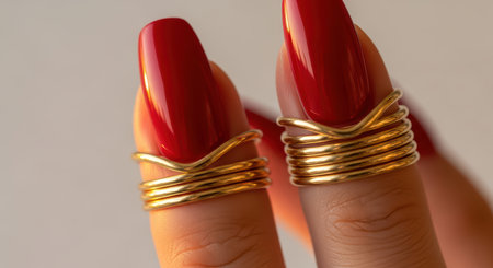 Elegant red manicured nails with gold stacked rings on fingersの素材