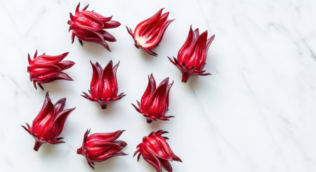 Fresh red hibiscus flowers on white marble surfaceの素材