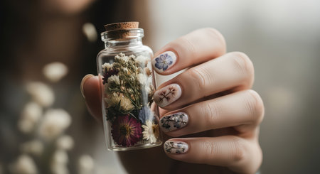 Female hand holding glass jar with pressed wildflowers and floral nail artの素材