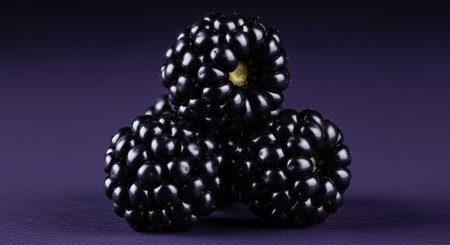 Close-up of three fresh blackberries on dark backgroundの素材