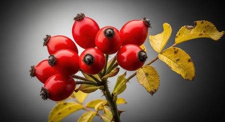 Bright red rose hips with yellow leaves on a gray backgroundの素材