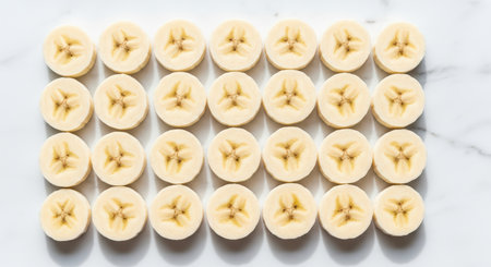 Neatly arranged banana slices on marble surfaceの素材
