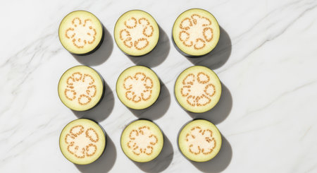 Sliced eggplant rounds on marble surface displaying seed patternsの素材