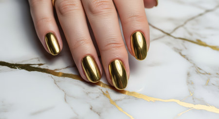 Female hand with gold metallic nails on a marble surfaceの素材