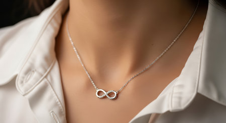 Elegant silver infinity necklace on woman with white blouseの素材