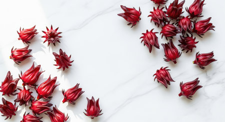 Fresh red hibiscus flowers on white marble surface for natural decoration and culinary useの素材