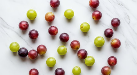 Scattered red and green gooseberries on marble surfaceの素材