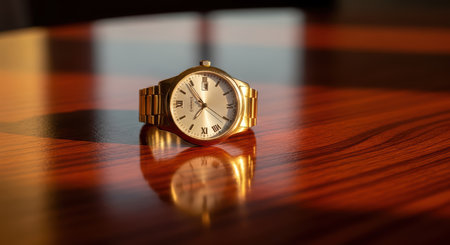 Elegant gold wristwatch on polished wood surface with sunlight reflectionの素材