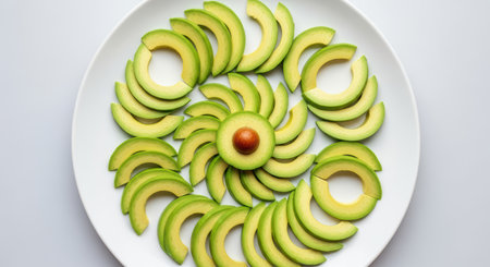 Creative spiral arrangement of fresh avocado slices on white plateの素材