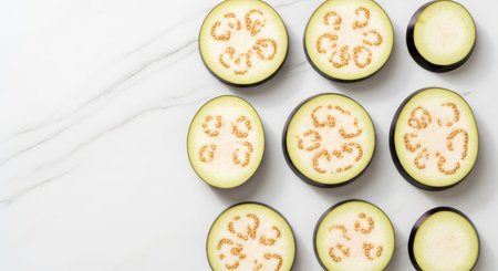 Sliced eggplants arranged on marble surface in artistic patternの素材