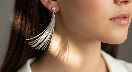 Elegant close-up of female with long tassel earringの素材