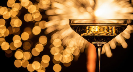 Champagne glass with sparkling bokeh and fireworks celebration backgroundの素材